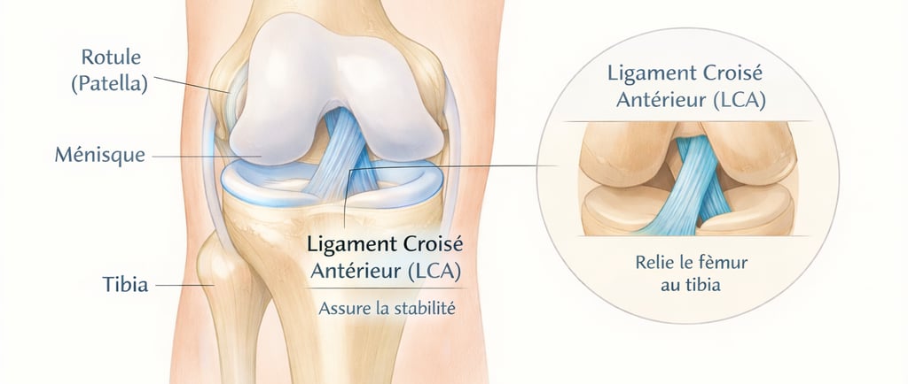 Illustration montrant le ligament croisé antérieur (LCA) et son rôle dans la stabilité du genou