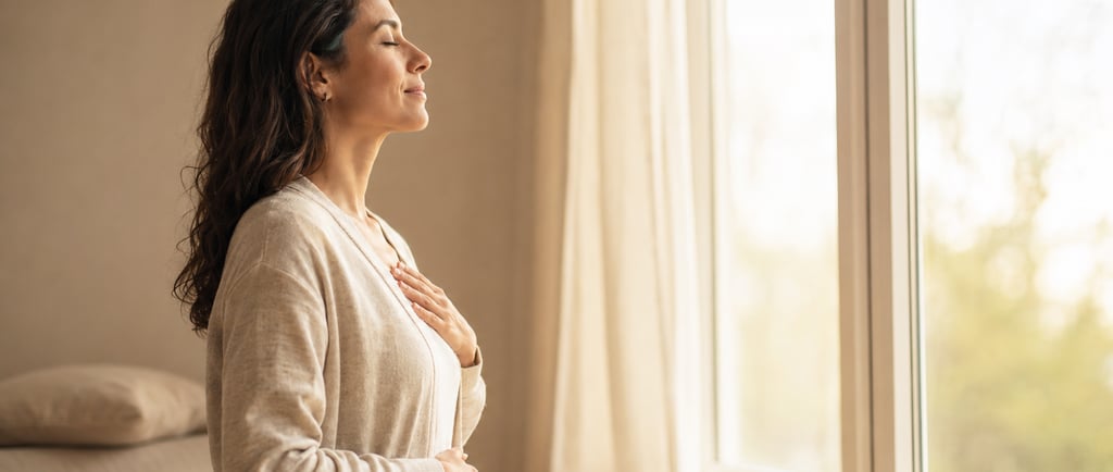 mujer respirando con calma mirando por la ventana