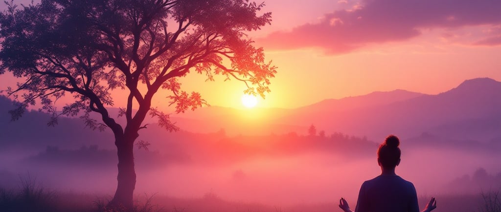 person meditating by a tree in the morning glow of sunrise