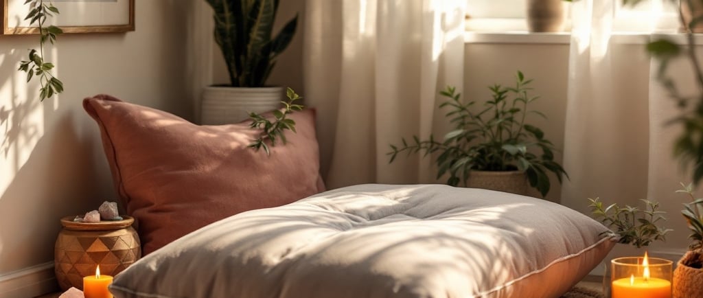 Cushions and a candle for a meditation space