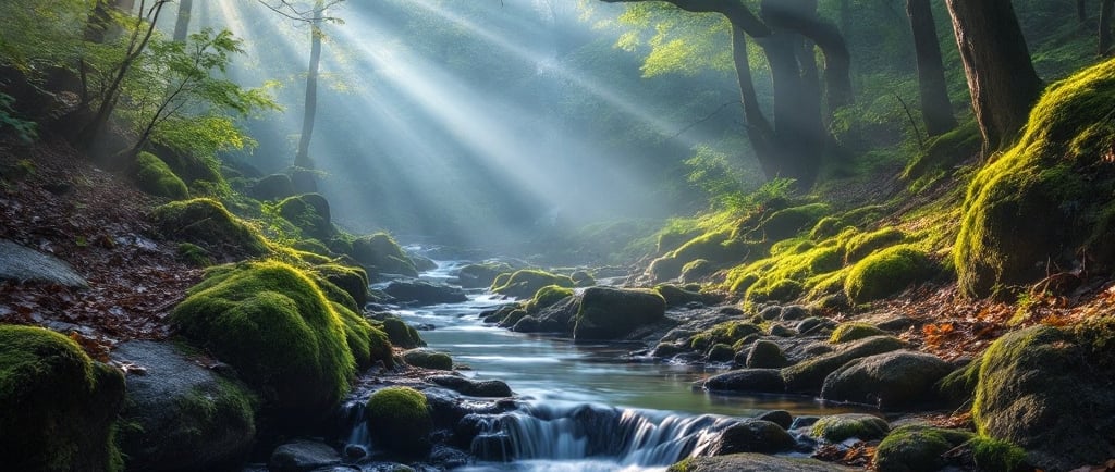A misty magical forest with a stream