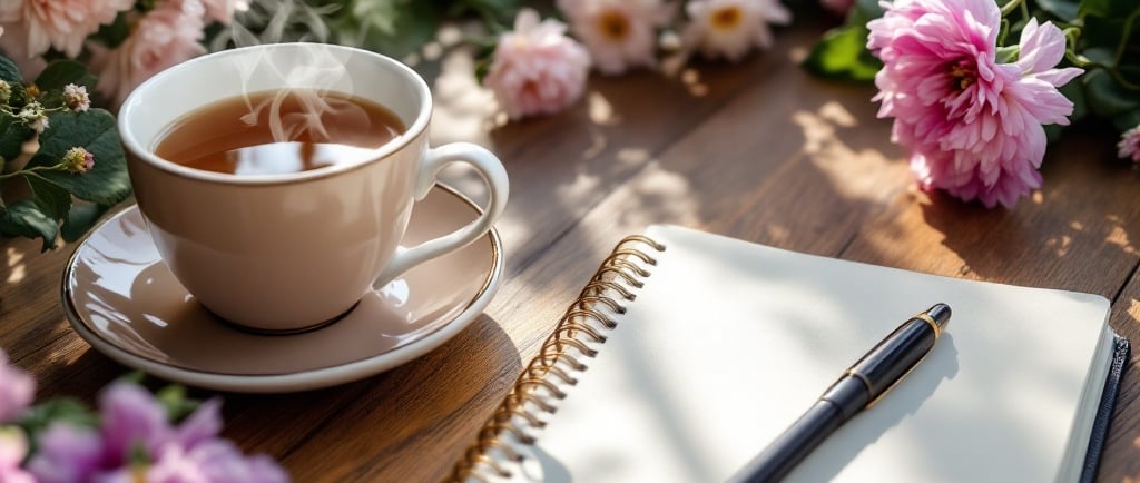 Acup of tea next to a journal