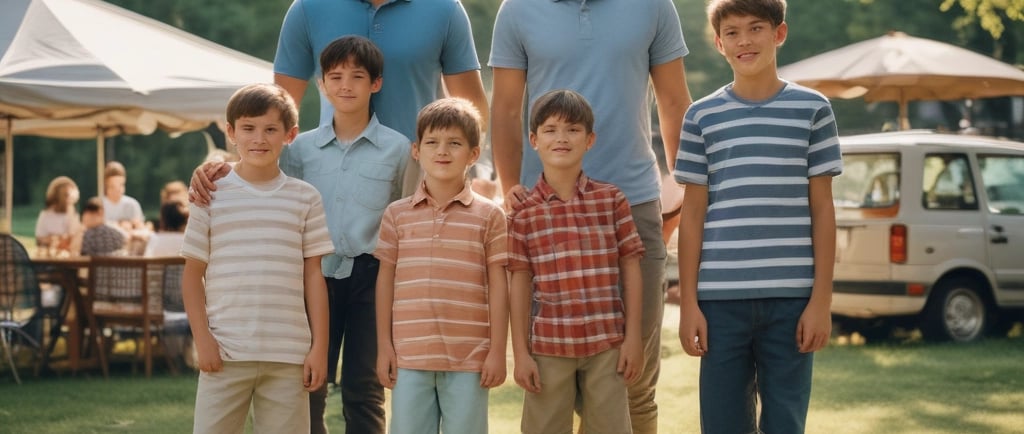 A family poses for a photo in front of a colorful stained glass background. The family consists of two adults and three children. The adults are dressed in formal attire, with the man adjusting his glasses and the woman holding a baby. The two older children are also in suits, looking attentively at the camera.
