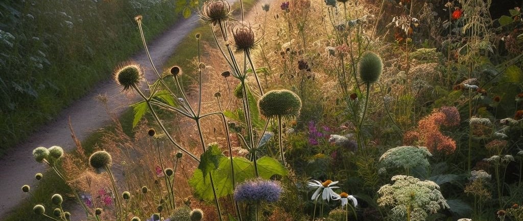 a path way with wild flowers and a path leading to a path