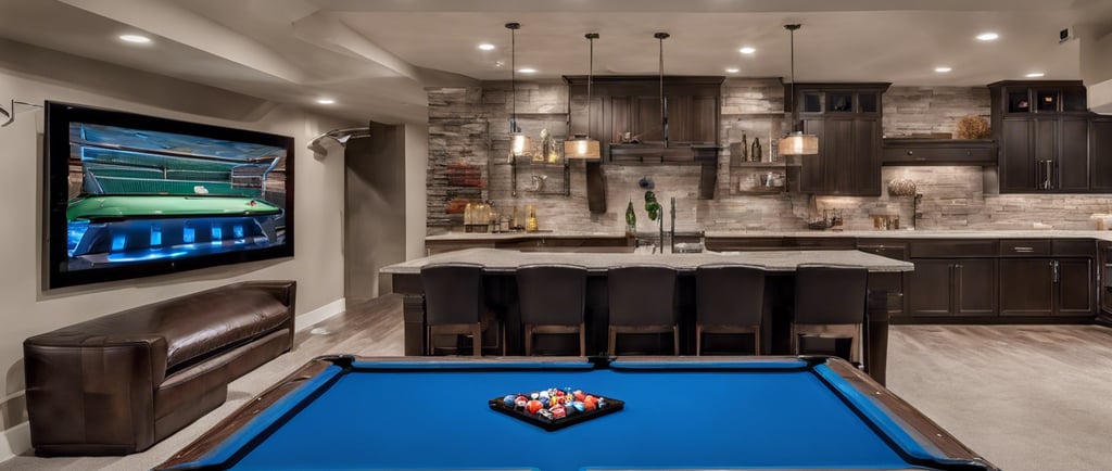 open concept basement kitchen game room entertainment room