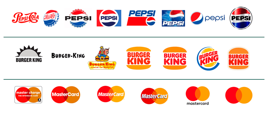 Evolución de logos de las marcas Pepsi, Burger King y Master Card