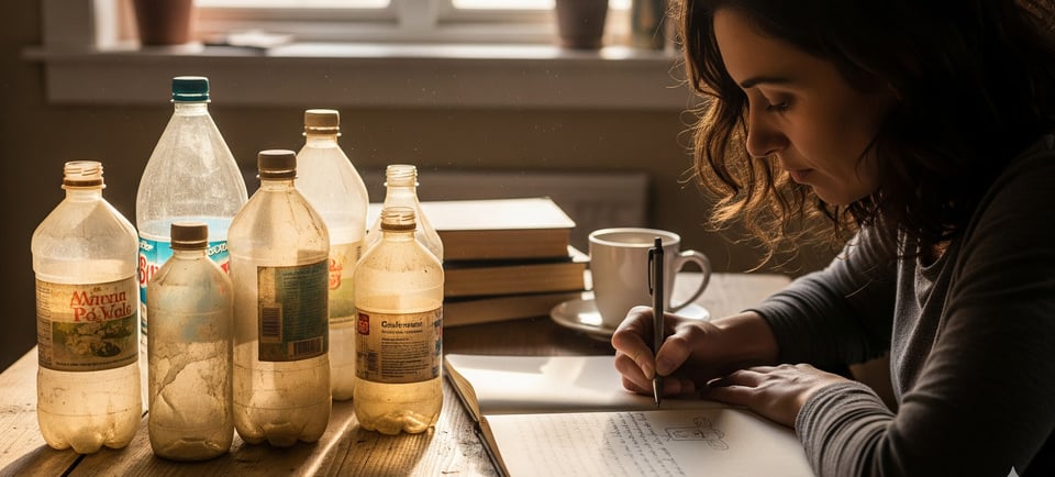 woman taking notes on table are old plastic bottles
