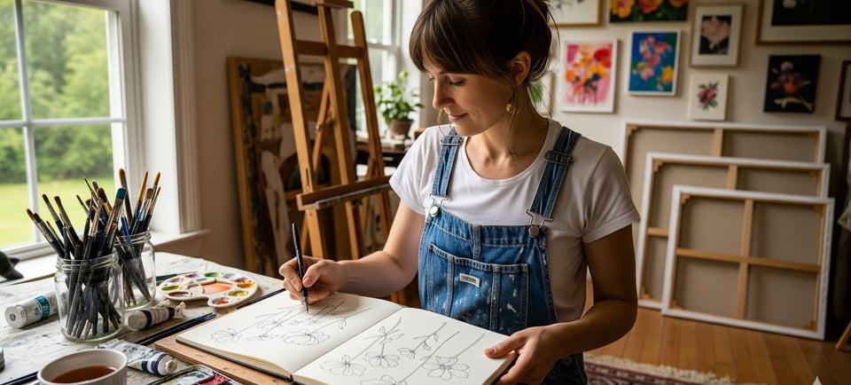 women in art studio drawing simple flowers