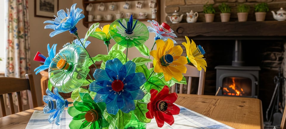 display of plastic recycled flowers