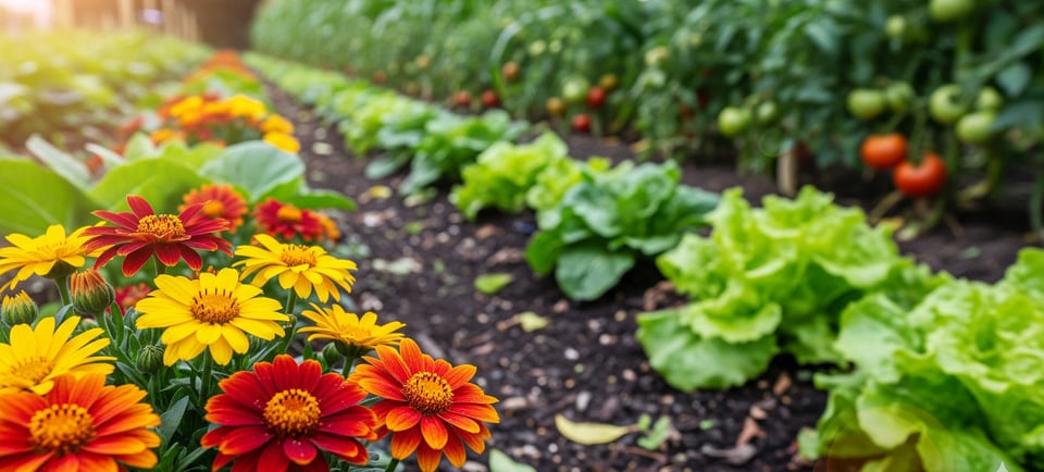close up of flowers in vegetable garden