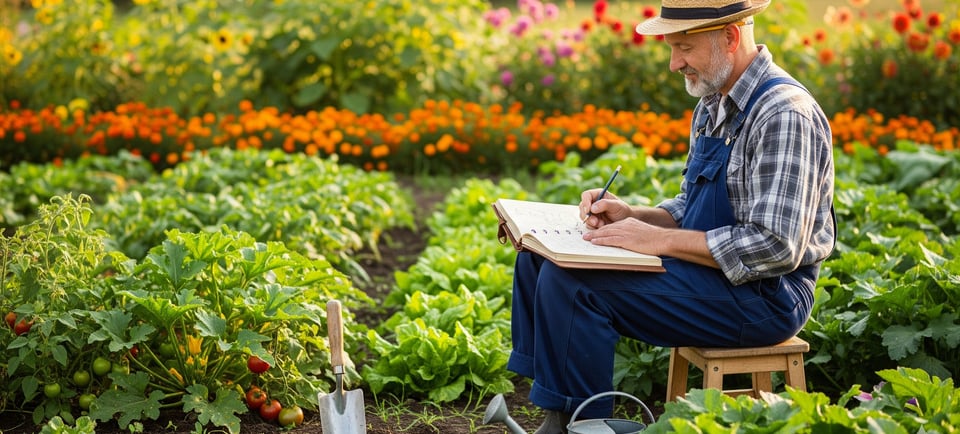 man taking notes in his veggie patch
