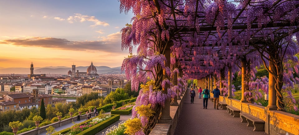 wisteria growing on lattice with city of florence backdrop