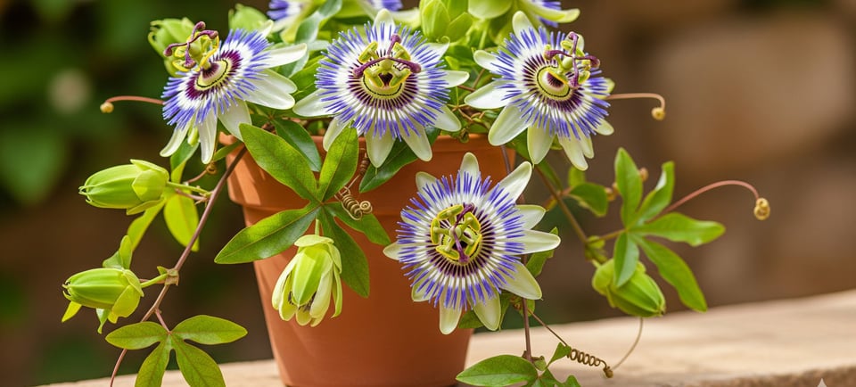 passion flowers in a plant pot