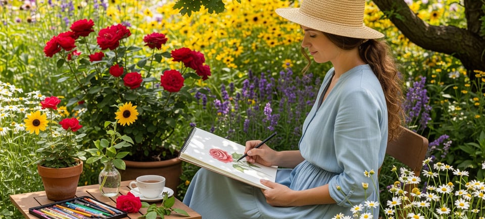 woman sat in garden drawing red roses
