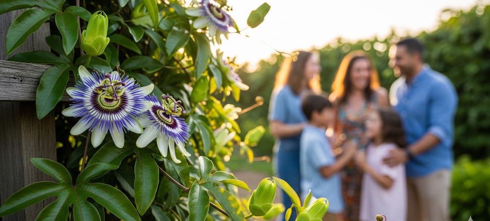 passion flowers growing with happy family in background