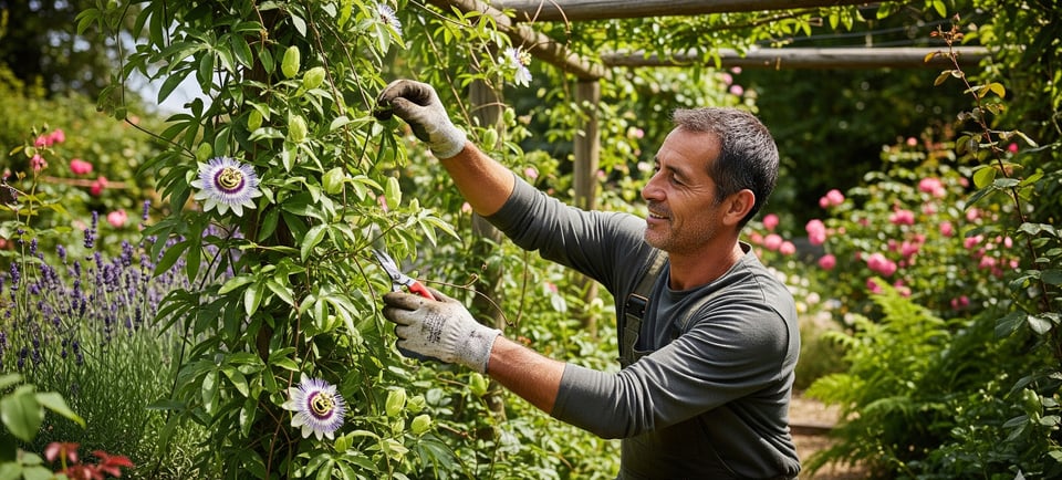 man trimming vines of passion flowers
