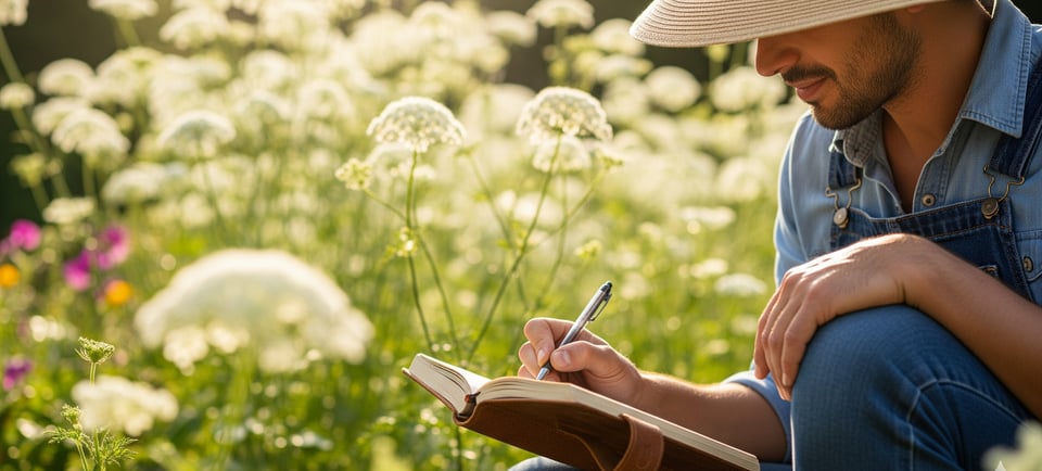 man taking notes with bishops lace growing in background