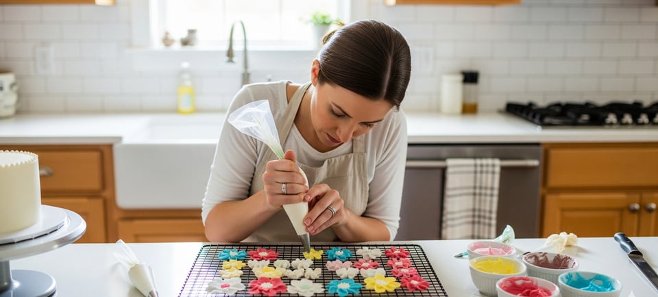 woman making royal icing flowers