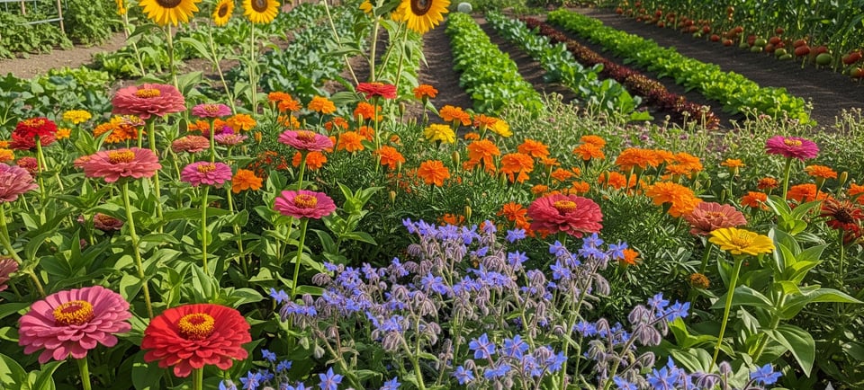 vegetable garden flowers next to veggie patch