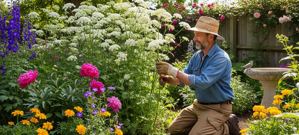 gardener caring for bishop lace flowers 