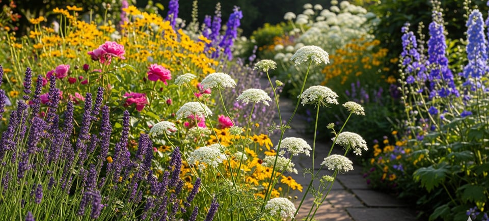 bishop lace and other flowers growing in garden