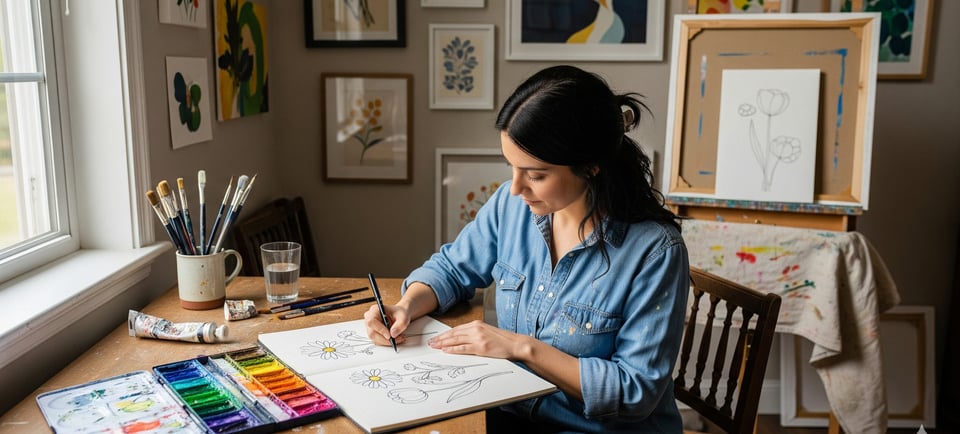 woman in art studio drawing simple flowers
