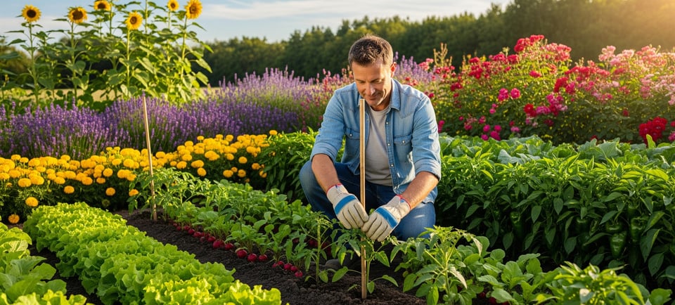 man tending to his vegetable patch