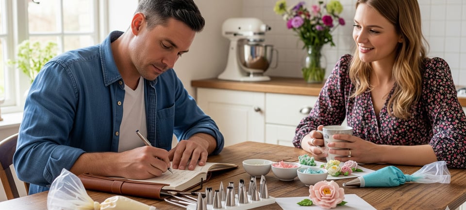 man writing in notebook woman sat next to him