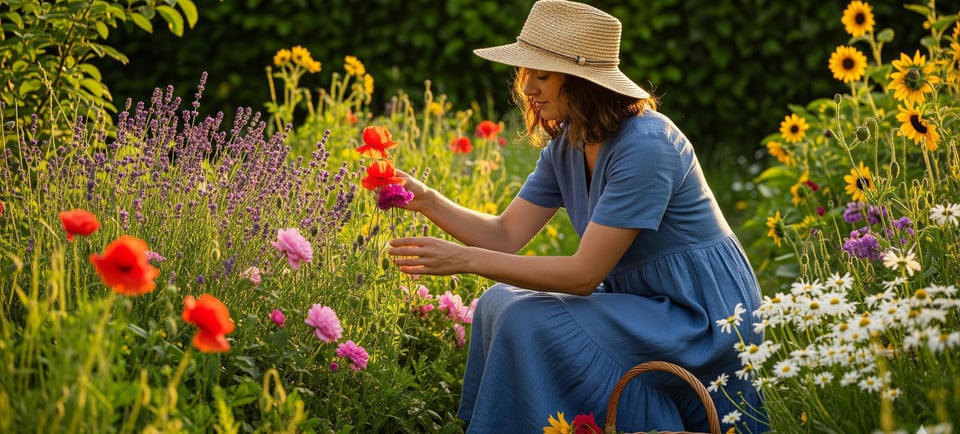 woman choosing fresh flowers from garden