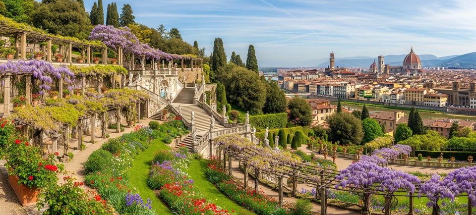 bardini gardens in florence with florence city backdrop