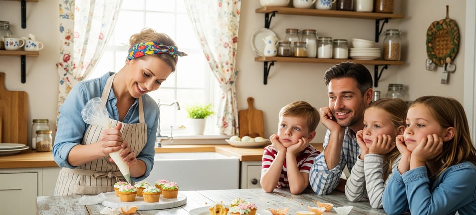 mum piping icing flowers while family wait at table
