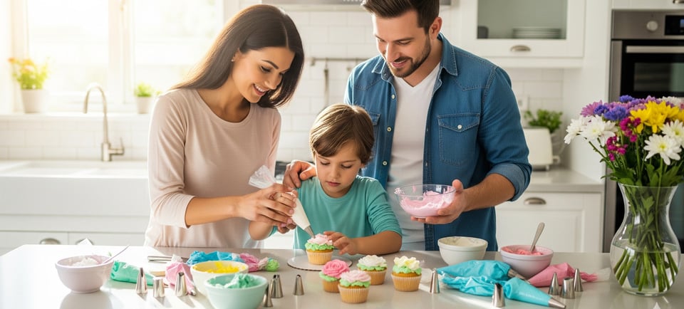 parents teach child how to pipe icing flowers