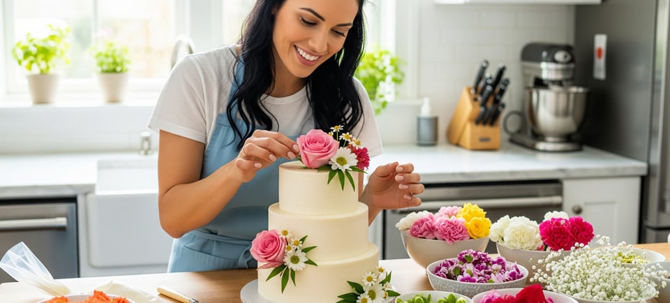 woman decorating a cake with fresh flowers
