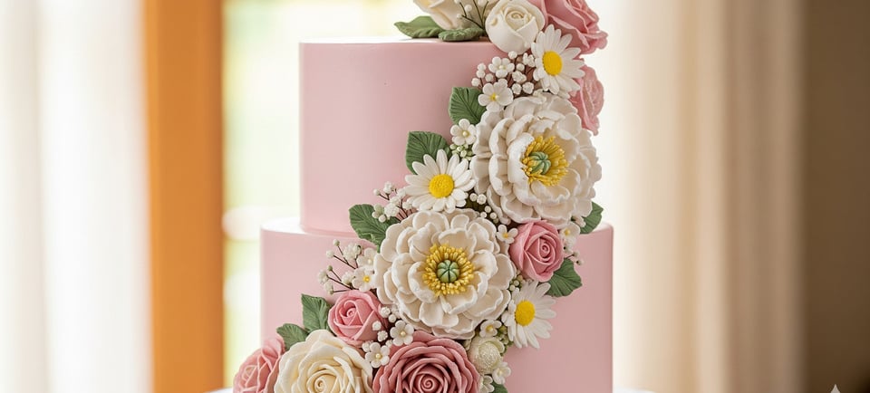 beautiful pink cake with royal icing flowers