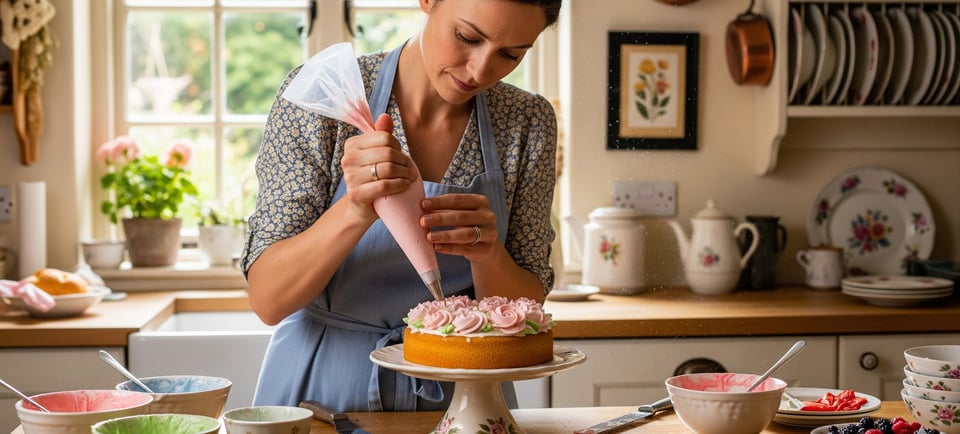 woman piping icing onto cake