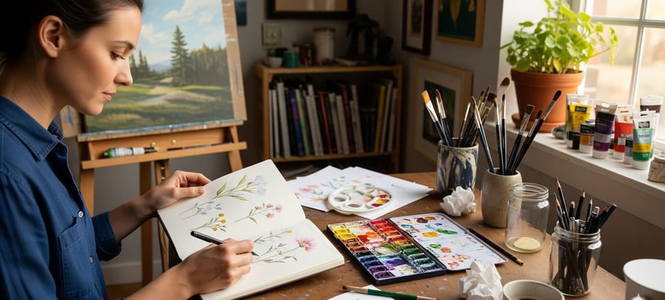 woman drawing flower art in sketchbook