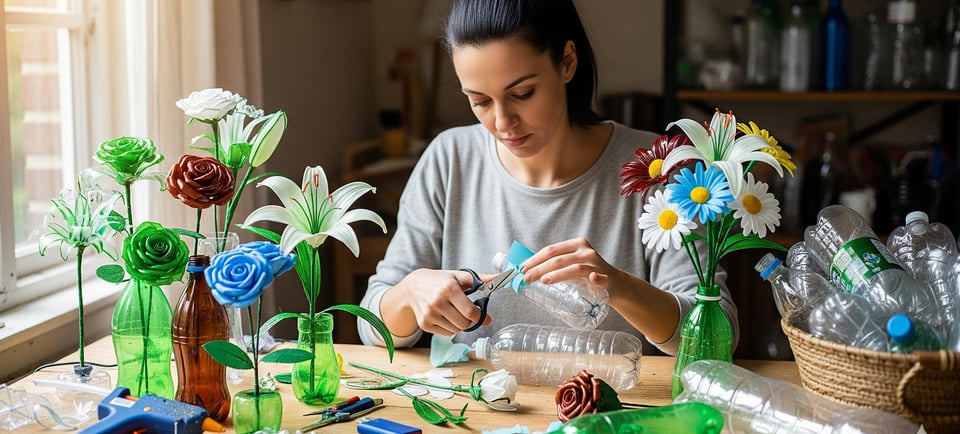 woman recycling plastic bottle as floral art