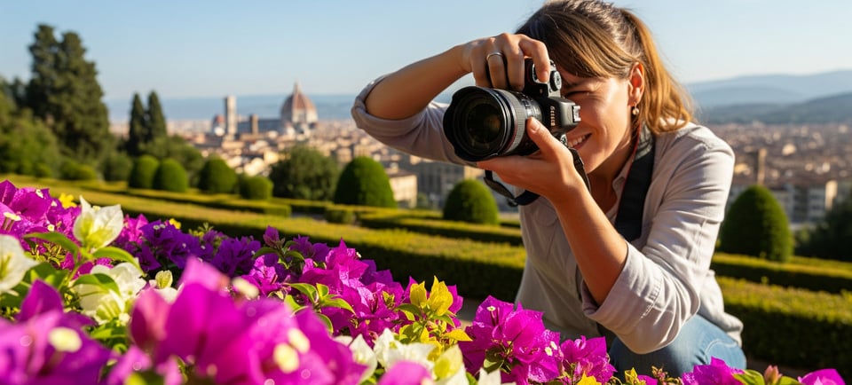 woman taking photo of pink and purple flowers