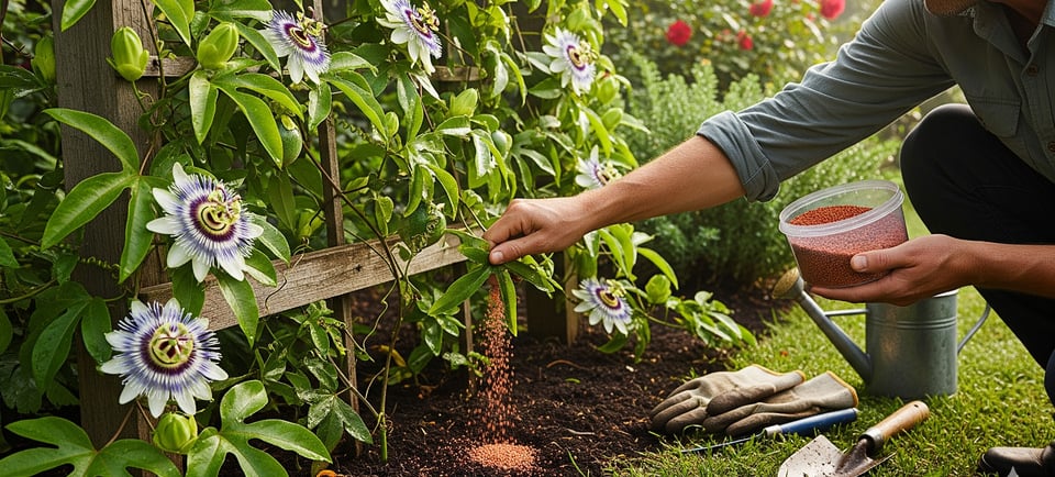 man kneeling and caring for his passion flowers