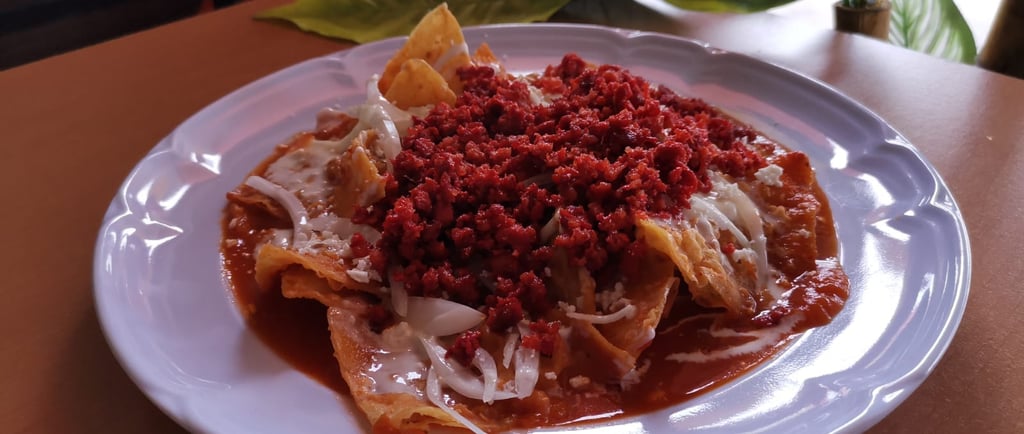 Un plato de chilaquiles rojos con chorizo