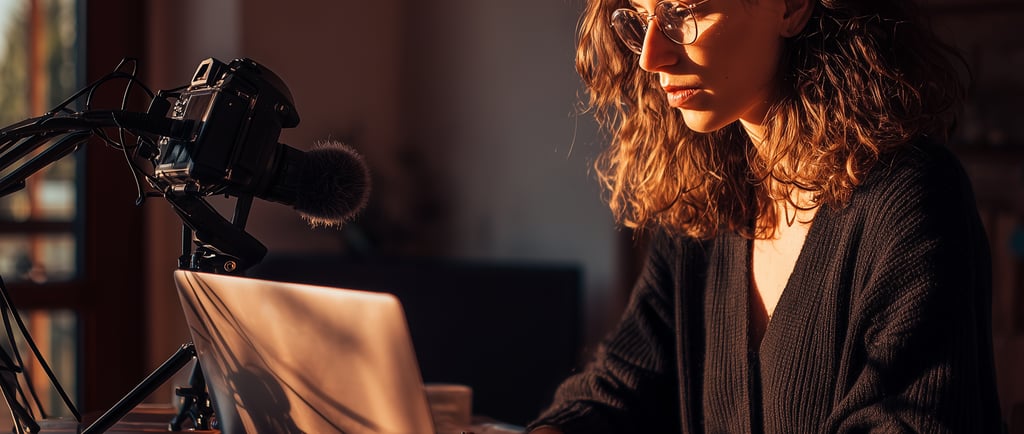Woman with glasses working on a laptop.