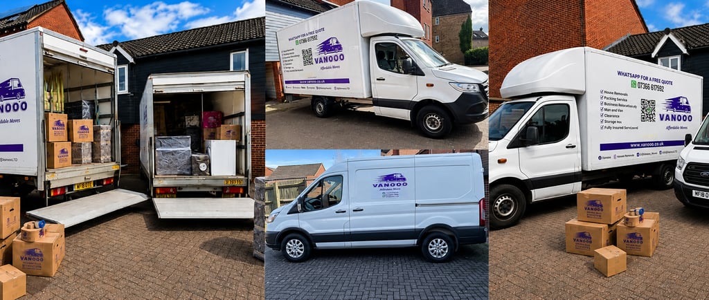 Professional house removals company Vanooo loading moving boxes into a white delivery van for a home relocation.