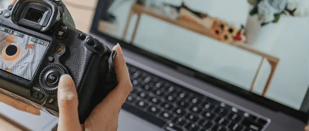 Photographer reviewing real estate photos for fast editing.