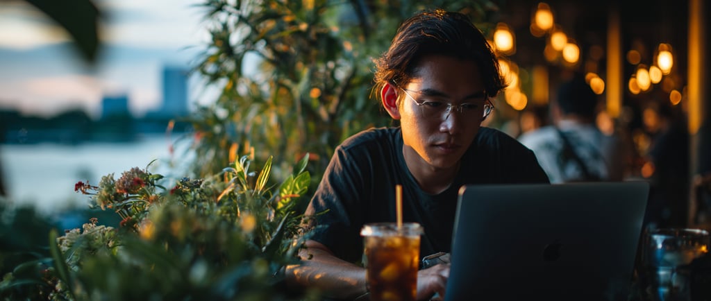 Young expat using a laptop at a Phnom Penh riverside cafe with the river and skyline in background