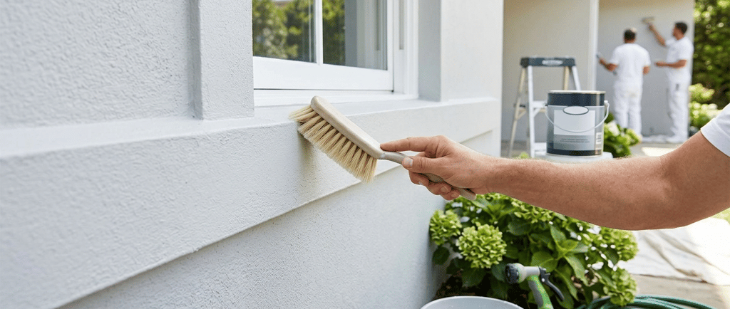 Professional house painter cleaning a window sill with a brush before applying exterior masonry paint.