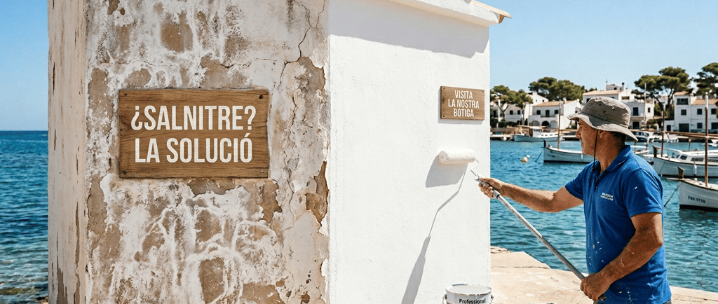 Professional painter applying white anti-efflorescence paint to a damaged seaside wall to fix saltpeter stains.