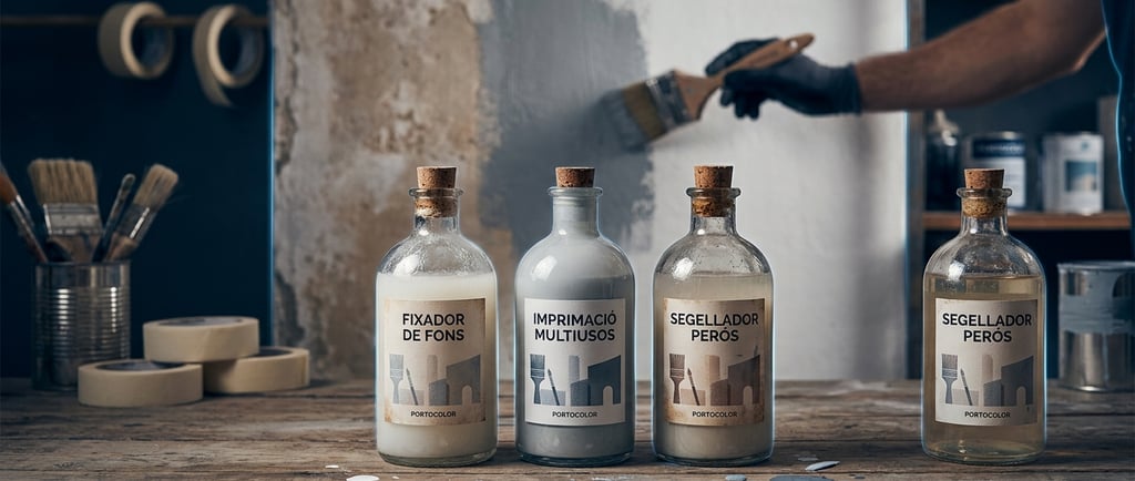 Professional painting supplies including primer, fixative, and sealers for wall preparation.