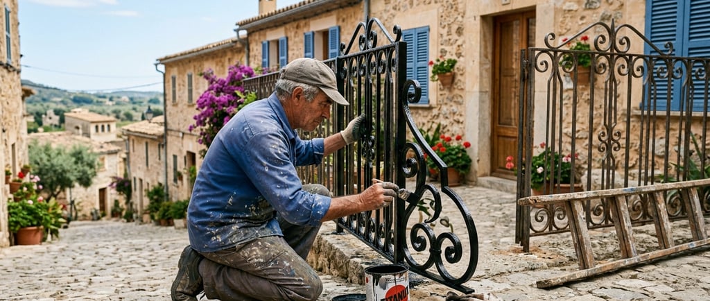 A skilled worker restores and paints a black wrought iron gate on a rustic cobblestone street.