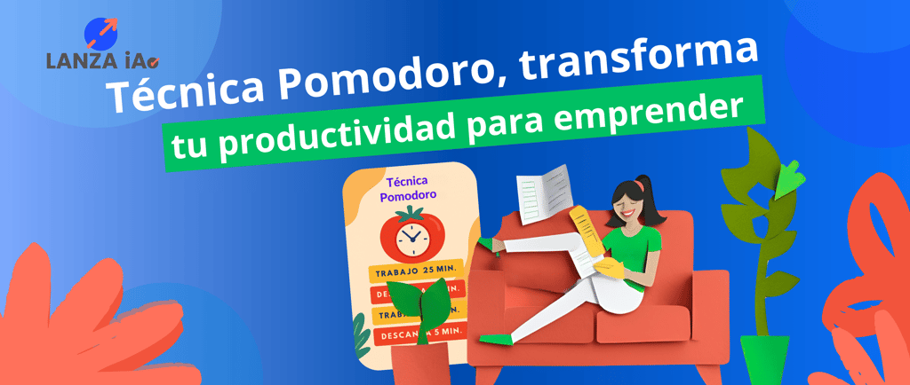 Ilustración de mujer en el sillón leyendo Técnica Pomodoro representa la productividad para emprender.