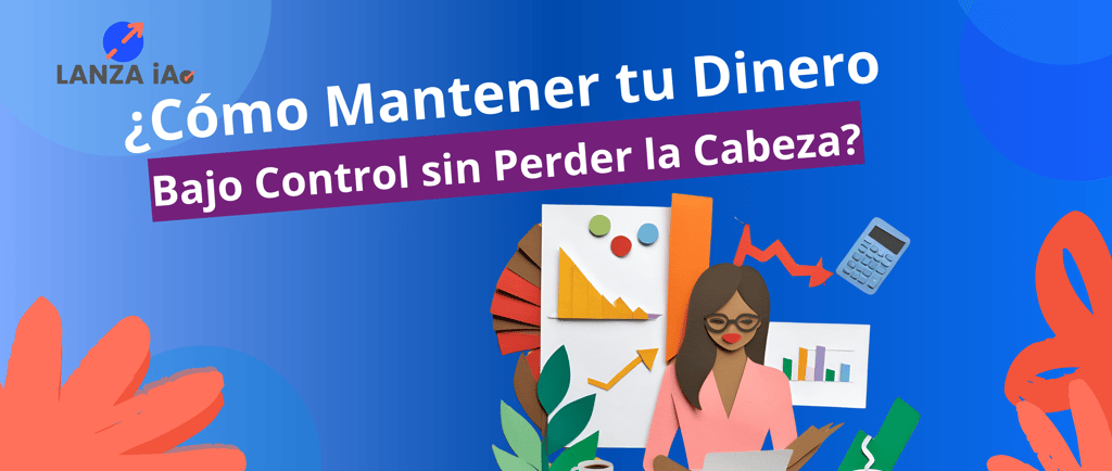 Ilustración de mujer revisando finanzas con gráficas, representa control del dinero sin estrés al emprender.                 